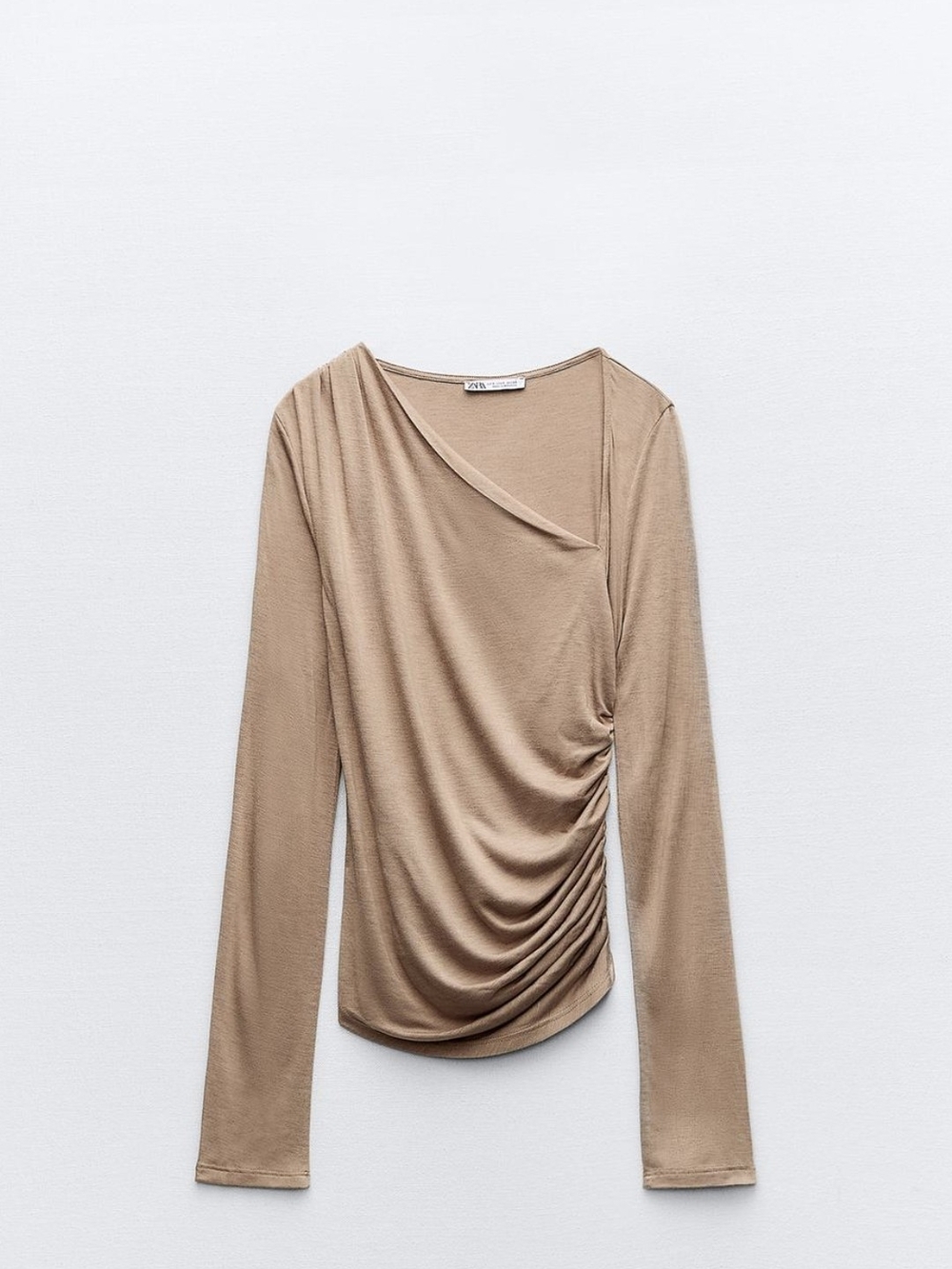 Zara Taupe Asymmetric Ruched Long-Sleeve Top